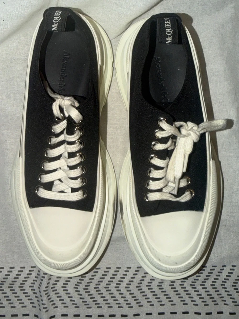 Alexander McQueen Black Canvas Low-Top Sneakers with Off-White Platform